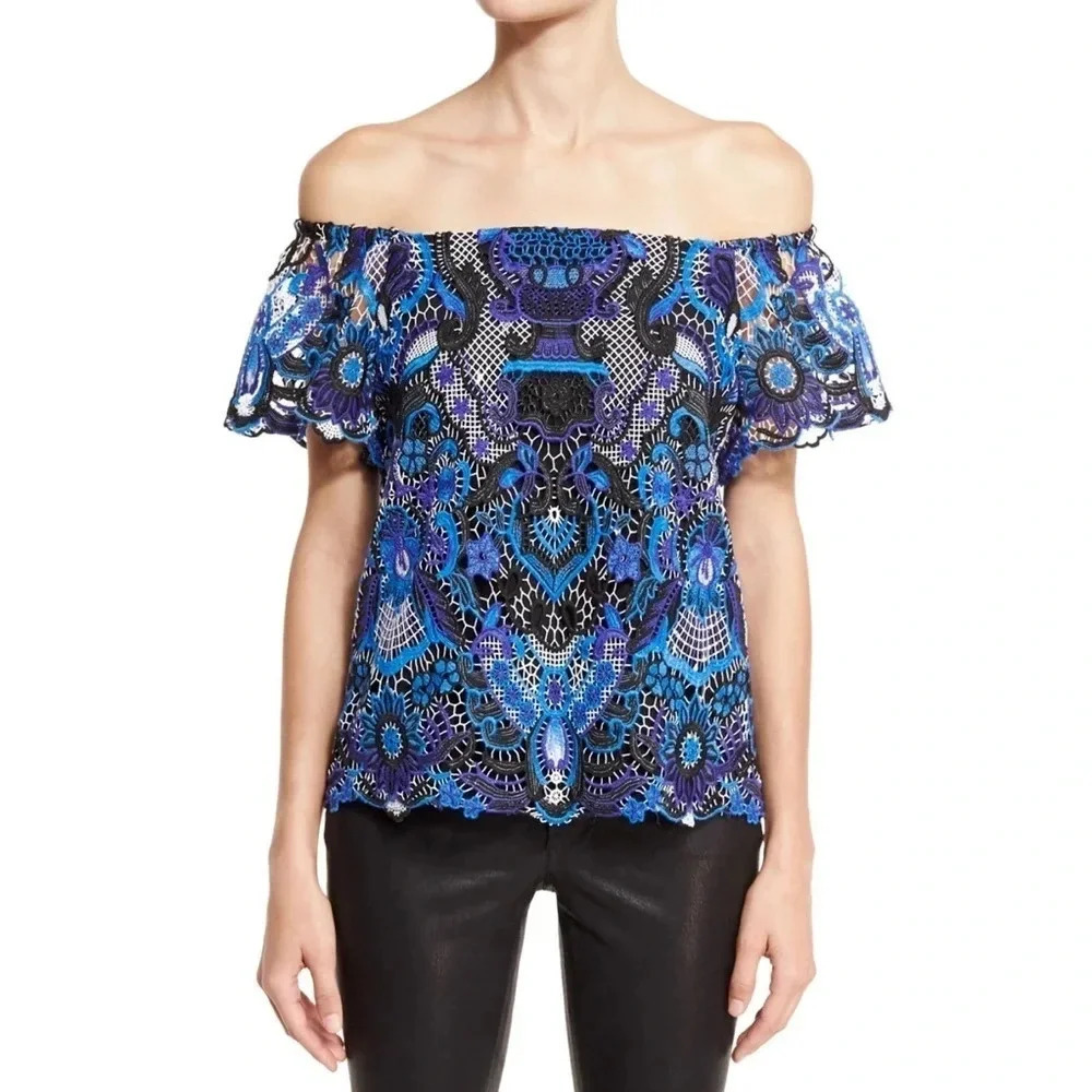 Alice + Olivia Maxie Lace Off Shoulder Embroidery Top Blouse Blue Multi Size XS